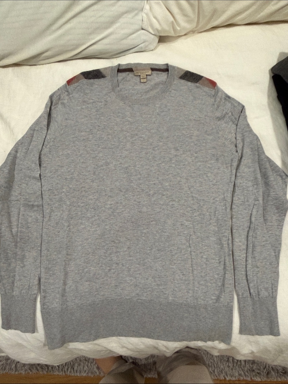 Burberry Light Gray Crewneck Sweater with Shoulder Panels